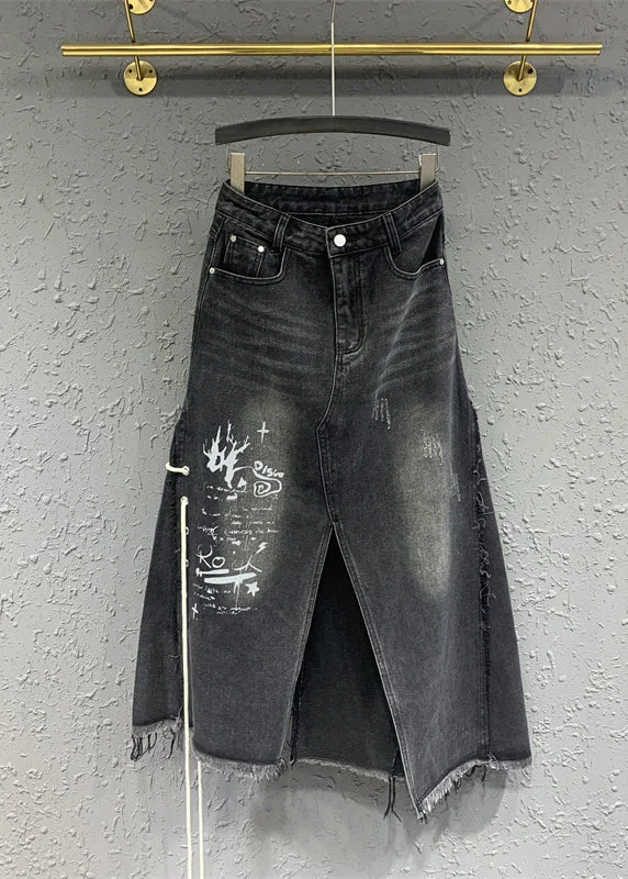 French Black Tasseled Lace Up Pockets Patchwork Denim Skirts Fall cashmere skirt soft
