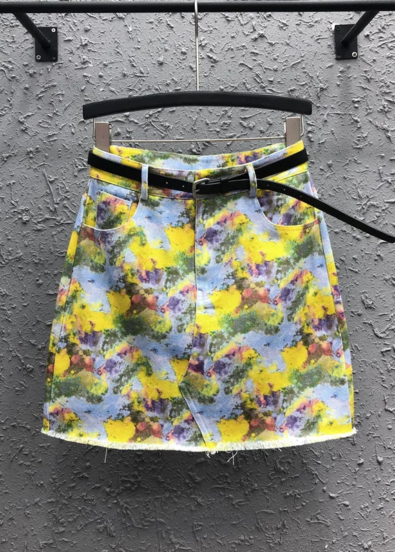 Handmade Yellow Print Pockets Patchwork Denim Skirt Summer patchwork skirt art