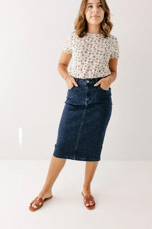 'Krista' Knee Length Denim Pencil Skirt in Dark Wash cashmere skirt soft