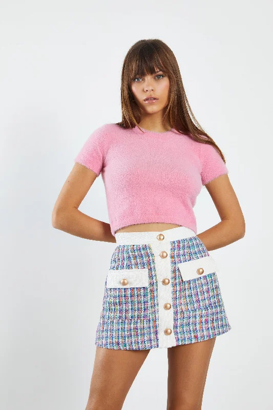 Glamorous Multi Tweed White Mini Skirt with Contrast Pockets & Waistband denim skirt trendy
