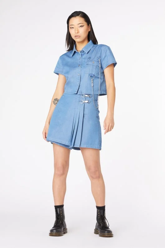 Liz Pleated Mini Denim Skort silk skirt lustrous