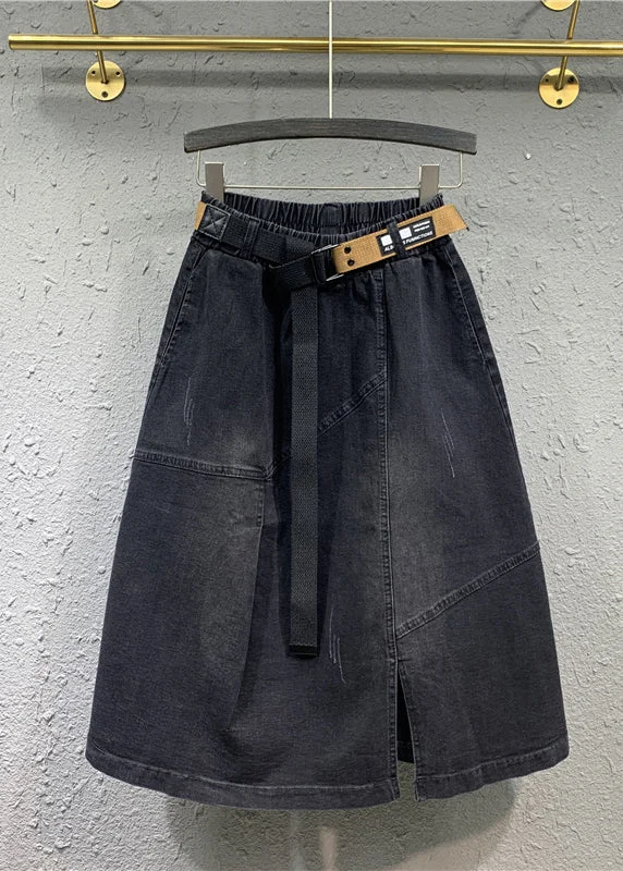 Modern Black Pockets Elastic Waist Patchwork Denim Skirts Fall slim fit skirt
