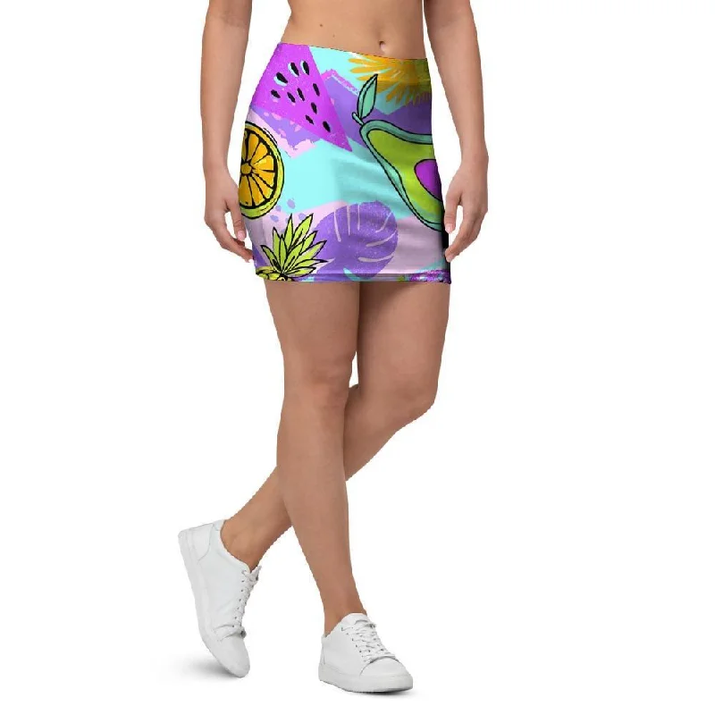Neon Mix Fruit Pineapple Hawaiian Print Mini Skirt wool skirt thick