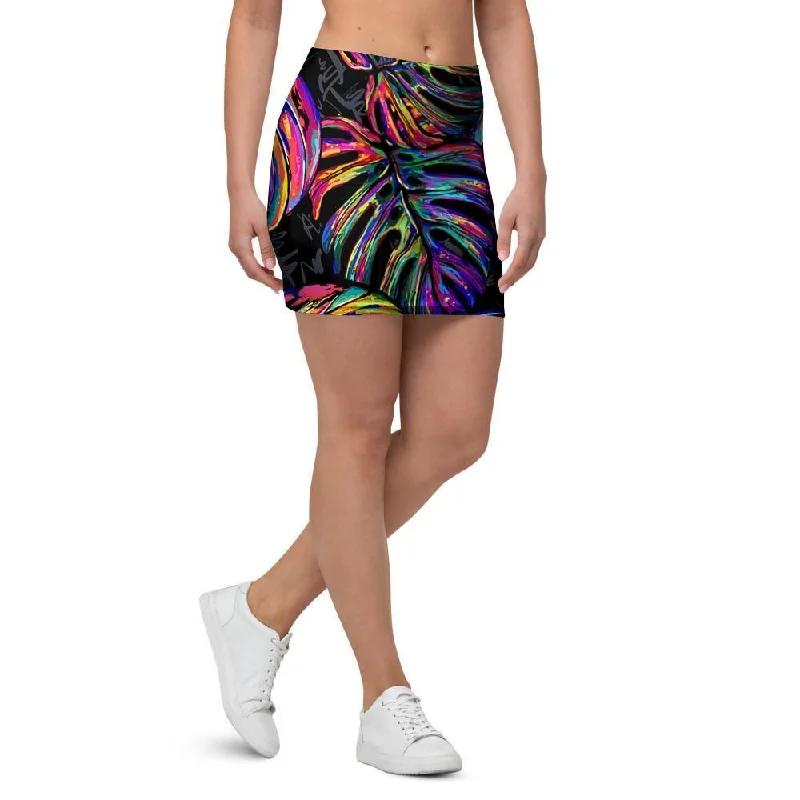 Neon Multicolor Palm Leaf Print Mini Skirt pleated skirt texture