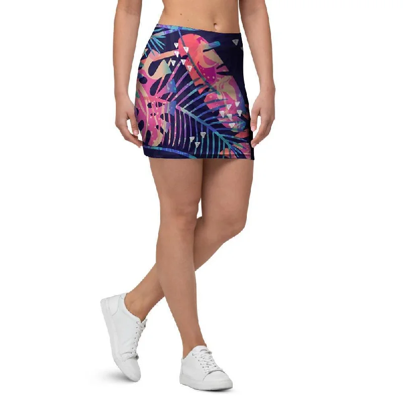 Neon Palm Leaf Hawaiian Print Mini Skirt silk skirt lustrous