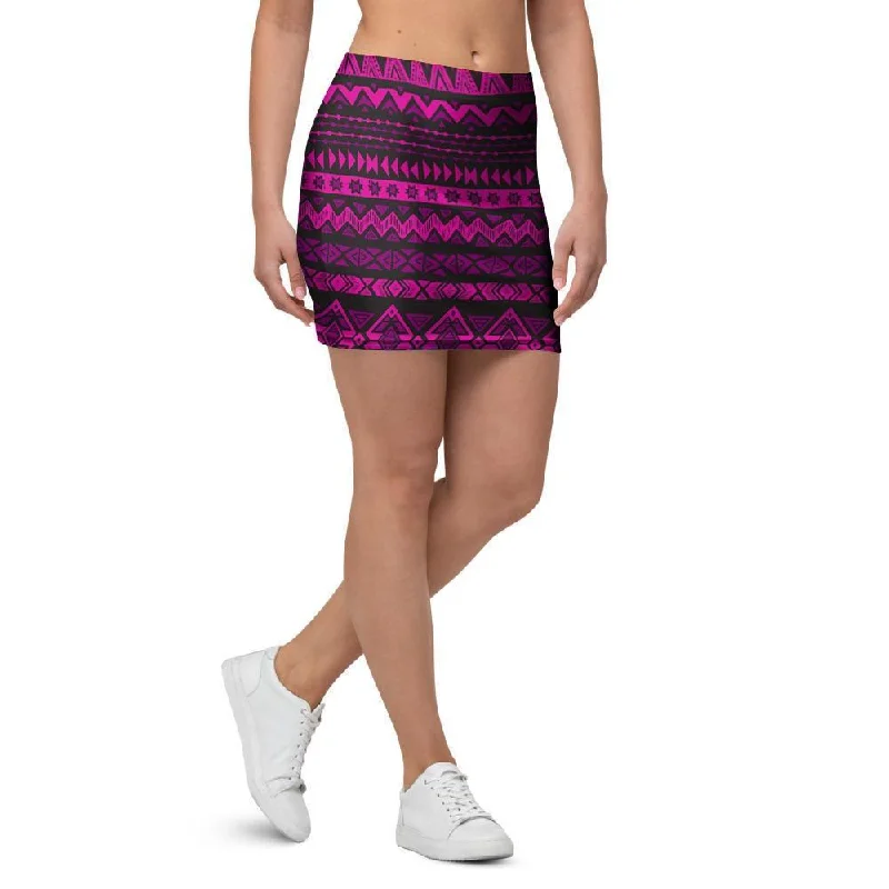 Neon Pink Ethic Aztec Print Mini Skirt button skirt front