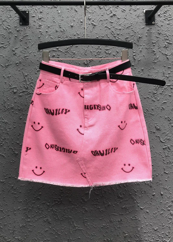 Novel Pink Smiley Face Printed Pocket Denim Skirt Summer cashmere skirt fine