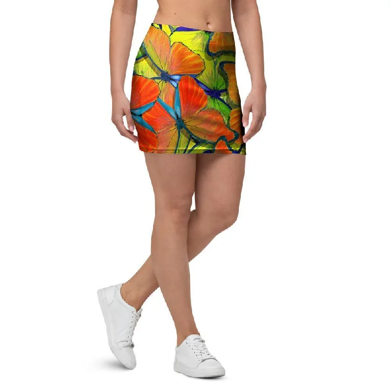 Orange And Blue Butterfly Print Mini Skirt leather skirt bold
