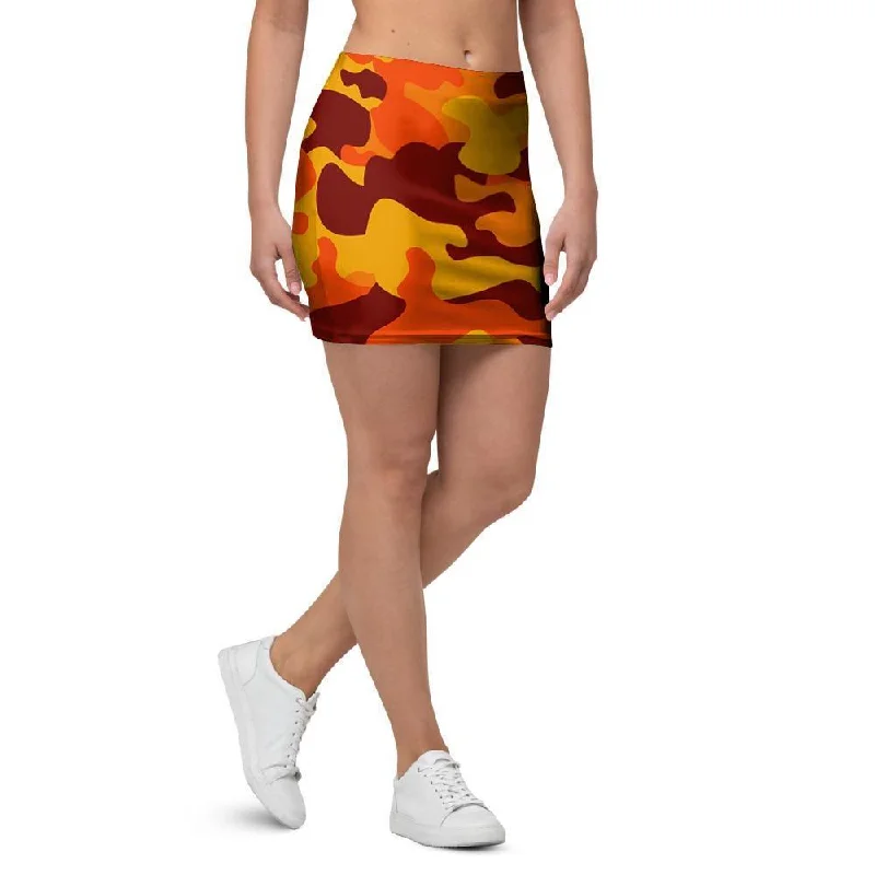 Orange Camo Print Mini Skirt ribbed skirt waist