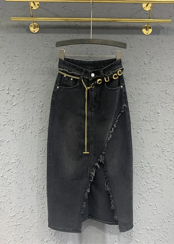 Original Black Tasseled Asymmetrical Patchwork Denim Skirts Fall cashmere skirt plush