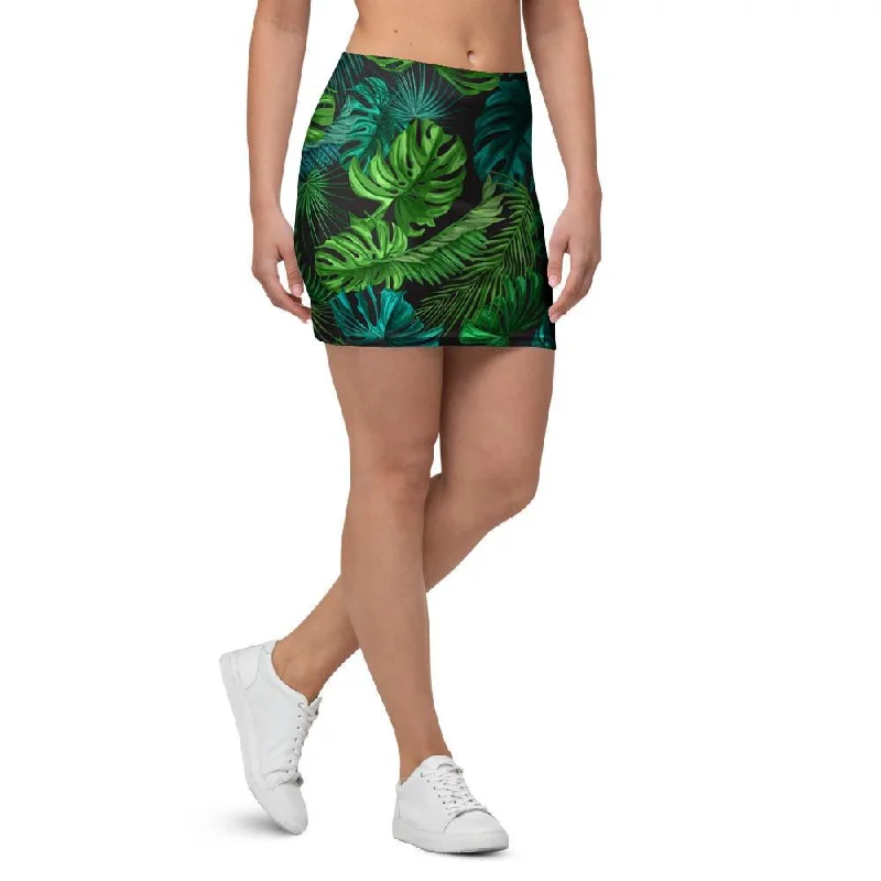 Palm Leaf Tropical Print Mini Skirt denim skirt casual