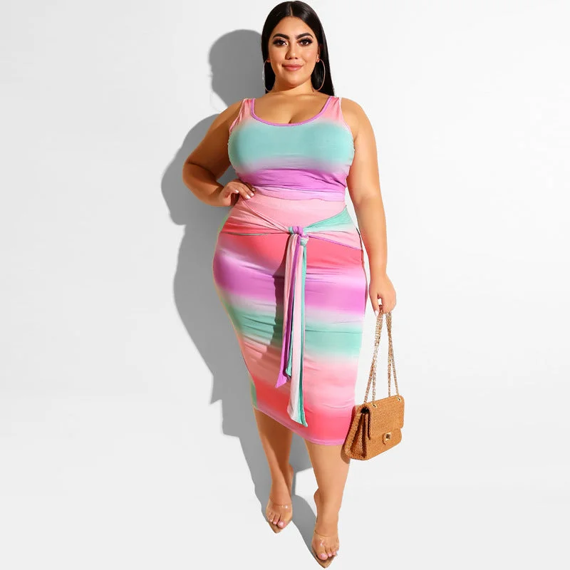 Plus Size Printed Tank Top + Midi Skirt Set zip skirt side