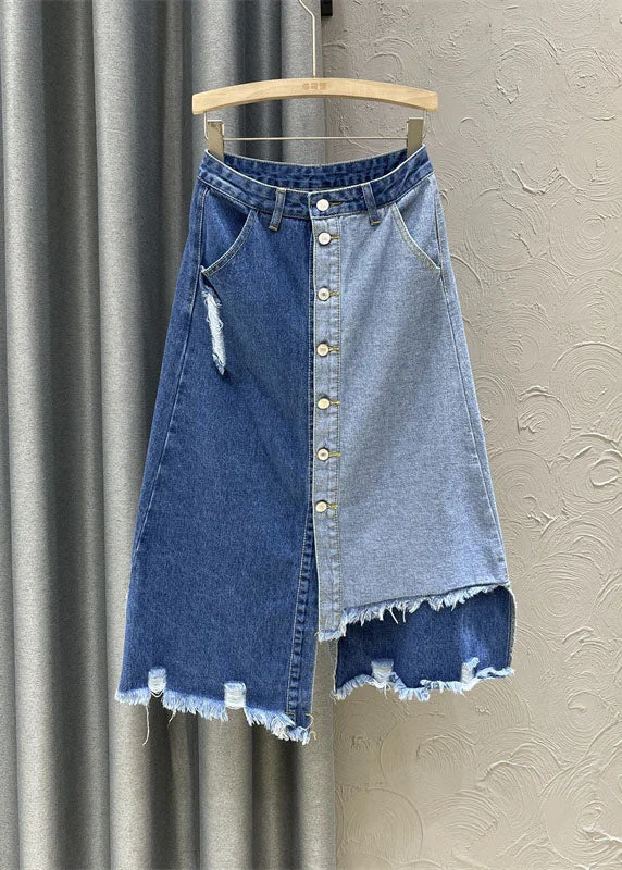Retro Denim Blue High Waist Patchwork Button Asymmetrical Skirts linen skirt relaxed