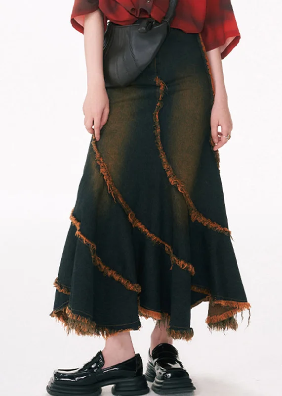 Slim Fit Blue Asymmetrical Tasseled Patchwork Denim Skirt Fall maxi skirt elegant