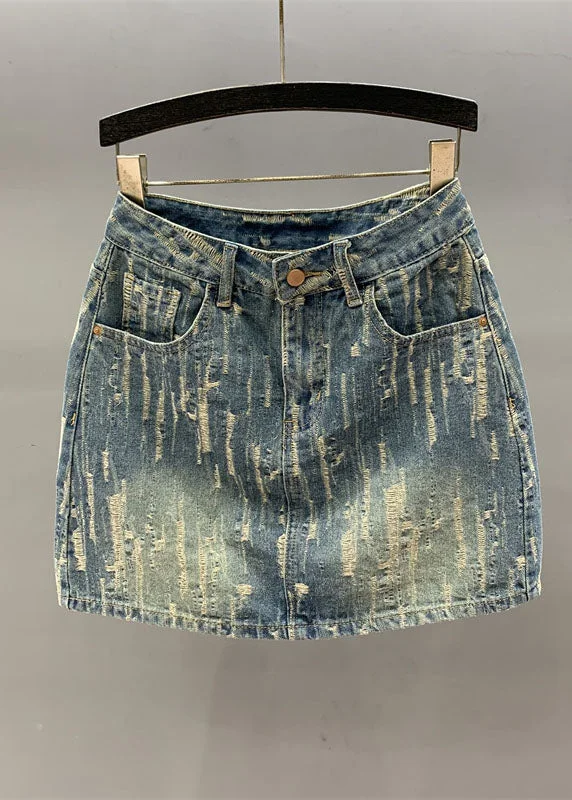 Women Denim Blue Pockets Patchwork High Waist Cotton A Line Skirt flowy skirt hem