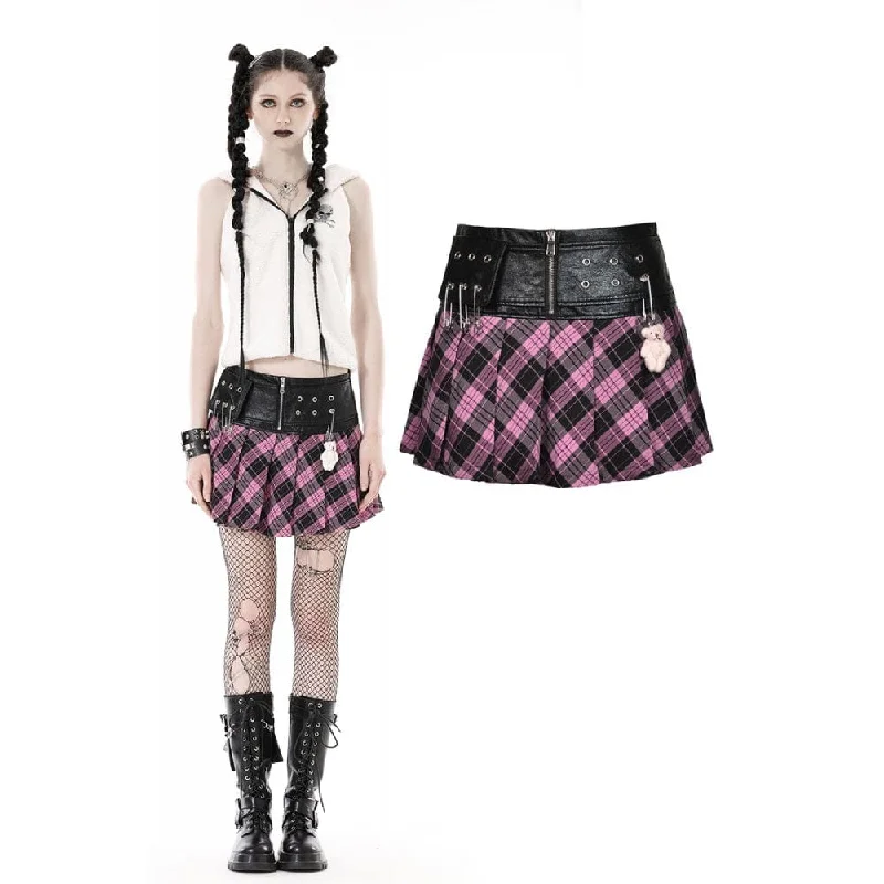 Women's Grunge Faux Leather Splice Plaid Pleated Skirt button skirt front