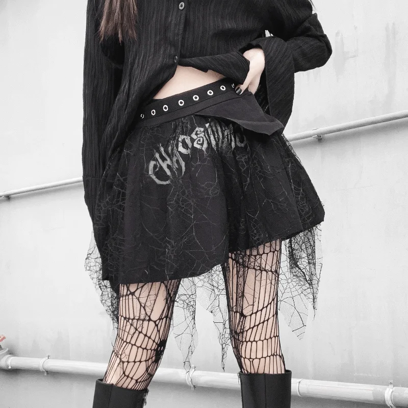 Women's Punk Eyelet Spider Mesh Splice Skirt denim skirt casual